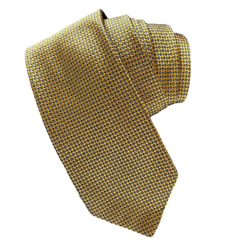 Barneys New York 100% Silk Neck Tie Gold & Blue Micro-Pattern Made in Italy 3.5”